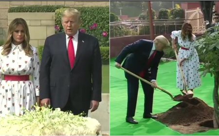 ਰਾਜਘਾਟ ‘ਚ ਟਰੰਪ-ਮੇਲਾਨੀਆ ਨੇ ਮਹਾਤਮਾ ਗਾਂਧੀ ਨੂੰ ਦਿੱਤੀ ਸ਼ਰਧਾਂਜਲੀ, ਬਾਪੂ ਗਾਂਧੀ ਦੀ ਯਾਦ ‘ਚ ਬੂਟਾ ਵੀ ਲਾਇਆ