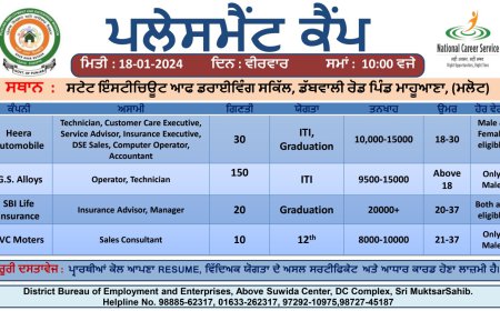 ਜ਼ਿਲਾ ਰੋਜ਼ਗਾਰ ਅਤੇ ਕਾਰੋਬਾਰ ਬਿਊਰੋ ਸ਼੍ਰੀ ਮੁਕਤਸਰ ਸਾਹਿਬ ਵੱਲੋਂ 18 ਜਨਵਰੀ ਨੂੰ ਲਗਾਇਆ ਜਾਵੇਗਾ ਪਲੇਸਮੈਂਟ ਕੈਂਪ