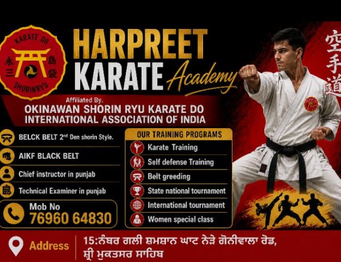 ਹਰਪ੍ਰੀਤ ਕਰਾਟੇ ਅਕੈਡਮੀ ਸ਼੍ਰੀ ਮੁਕਤਸਰ ਸਾਹਿਬ ਵੱਲੋਂ 15 ਤੋਂ 30 ਜੂਨ ਤੱਕ ਲਗਾਇਆ ਜਾਵੇਗਾ ਫਰੀ ਸੈਲਫ ਡਿਫੈਂਸ ਦਾ ਸੈਮੀਨਾਰ